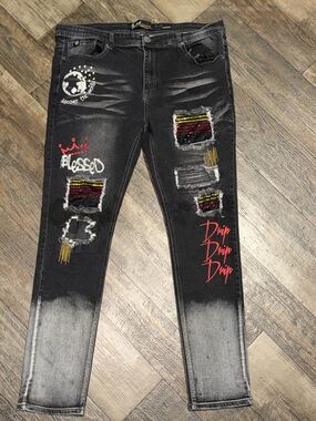 Men's Black Distressed Graphic Patch Jeans with Red Script